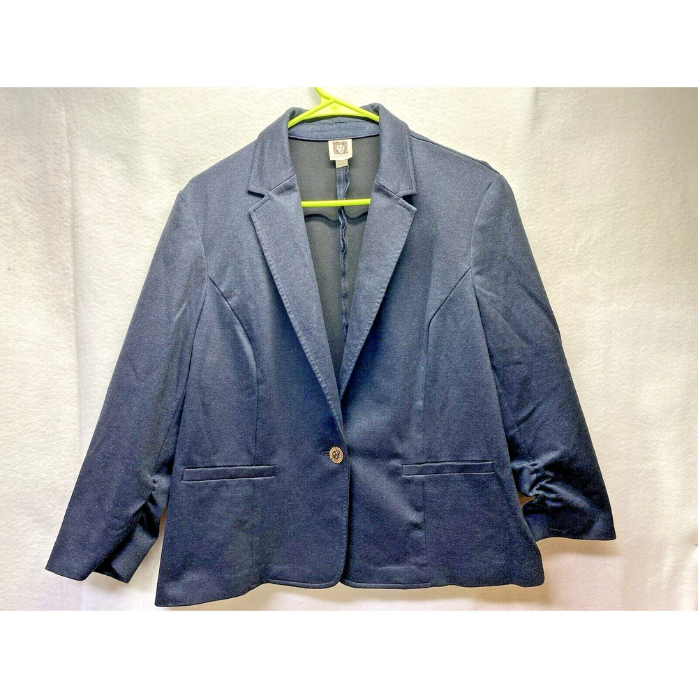 Anne Klein Blazer Women's Size L Navy Blue Textured Button Blazer Jacket Classic